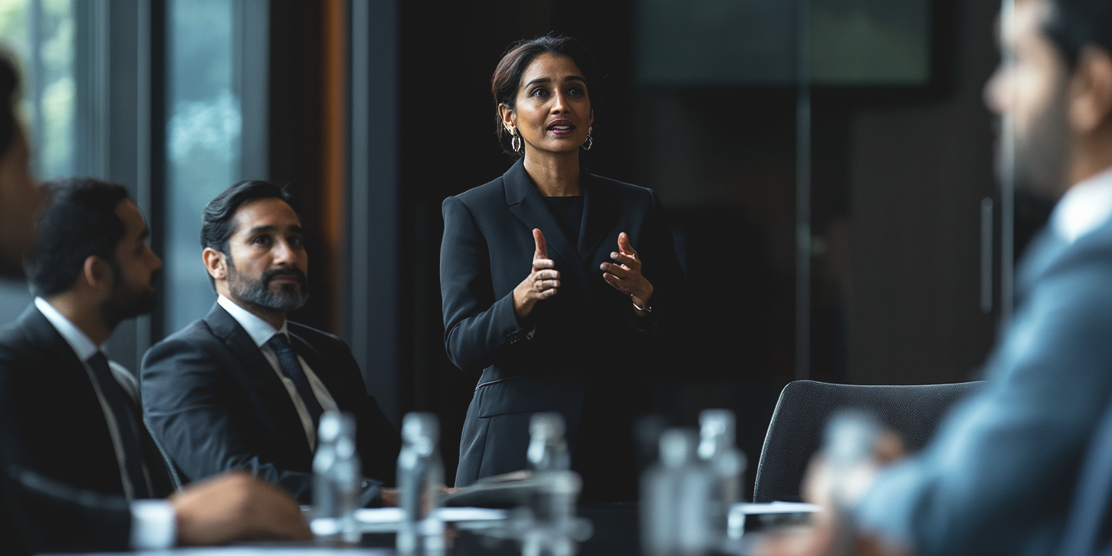 A professional woman in a black suit is standing and speaking confidently during a business meeting, while four men in suits listen attentively around a conference table with bottled water.